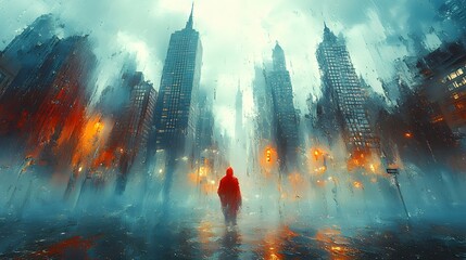 A solitary figure walks through a misty, rain-soaked cityscape illuminated by orange lights.