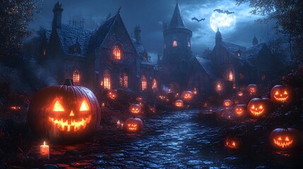 A spooky Halloween scene with glowing jack-o'-lanterns and a haunted village backdrop.