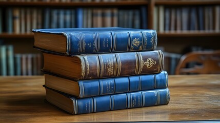 A stack of vintage blue books resting on a wooden table in a library setting.