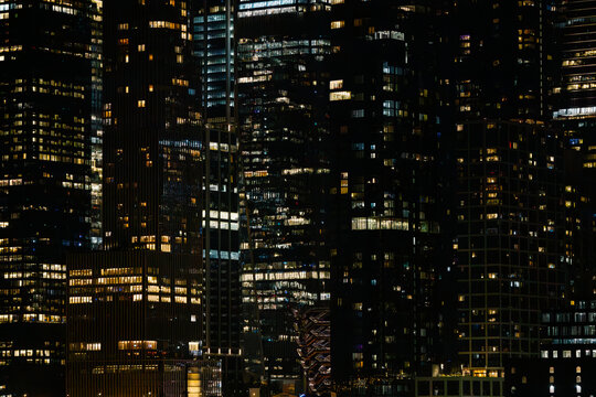 New York City nightscape showcasing illuminated high-rise buildings