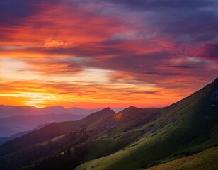 vibrant sunset paints the sky orange and pink illuminating a rolling mountain range