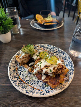 Chicken and waffles with pickles