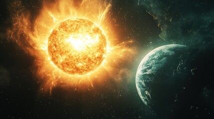 Obraz premium A fiery sun flares in space, casting light on a nearby planet.