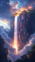 A stunning waterfall cascades from a glowing cliff, surrounded by clouds and a rainbow.