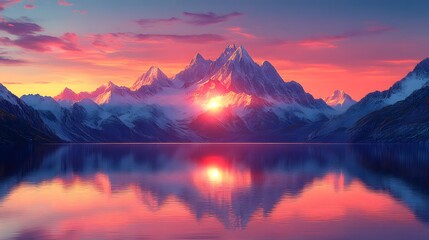 A stunning sunset over majestic mountains reflected in a serene lake.
