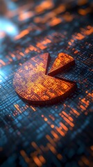 A stylized logo resembling a pie chart, set against a digital background with glowing elements.