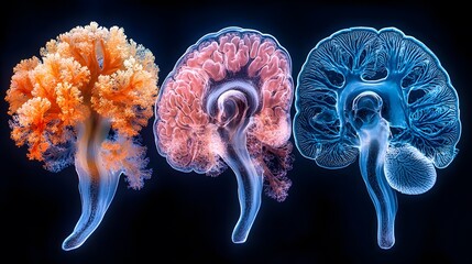 A surreal depiction of jellyfish resembling human brains, blending nature and science.