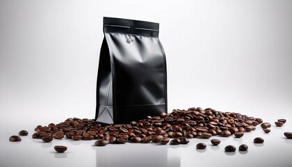 black coffee bag with scattered coffee beans on a white background