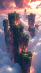 A surreal landscape of floating islands amidst clouds, featuring lush greenery and glowing elements.