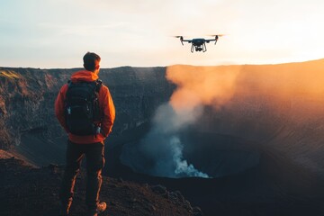 Adventurous young european man in outdoor gear exploring active volcano with drone at sunset