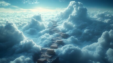 A surreal pathway of wooden structures floating amidst fluffy clouds and bright skies.
