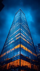 A tall, modern skyscraper illuminated at dusk, showcasing glass and light against a dark sky.