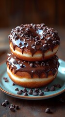 A tempting stack of chocolate-covered donuts with chocolate chips on a plate.
