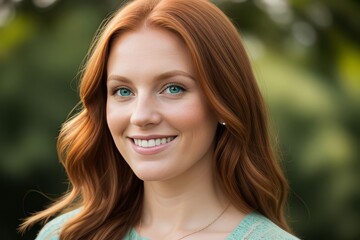 Obraz premium Portrait young woman redhead smile looking at camera with autumn background with trees.