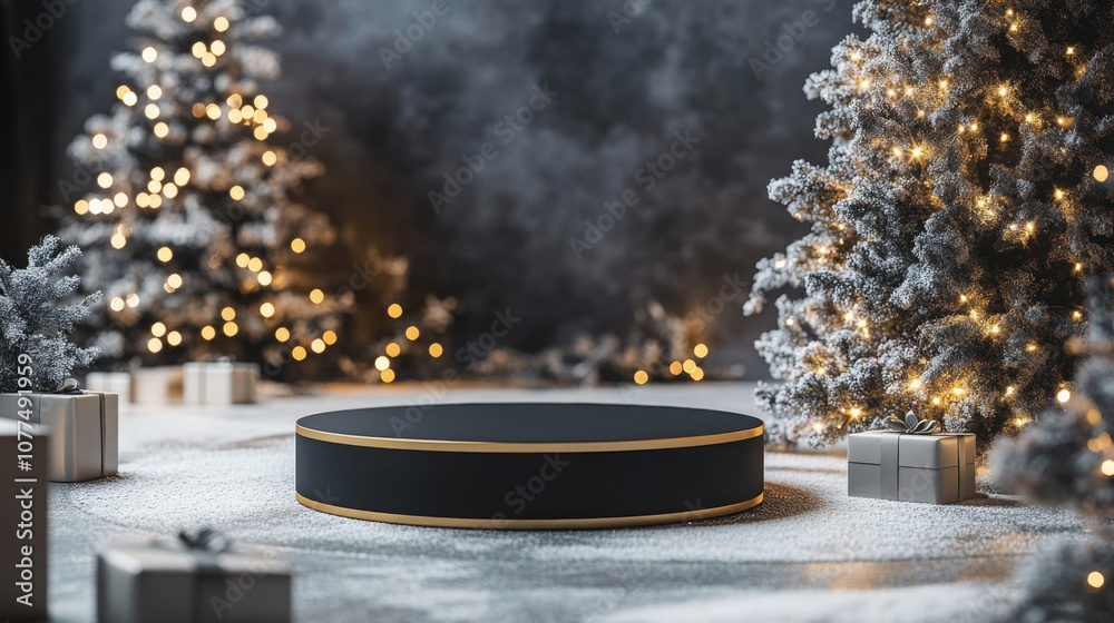 Aufkleber in a serene winter setting, a sleek black pedestal stands prominently amid frosted christmas trees a