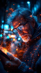 A thoughtful man reading a device, surrounded by a vibrant, glowing urban atmosphere.