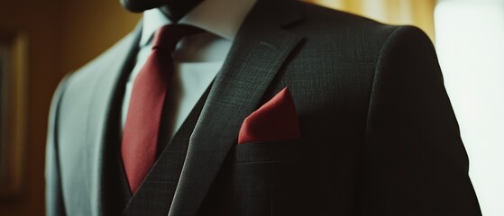 A man in a sharp suit with a red tie and pocket square stands poised, exuding elegance, confidence, and classic style.