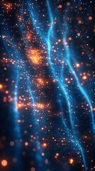 A vibrant abstract representation of glowing particles and flowing lines in blue and orange hues.