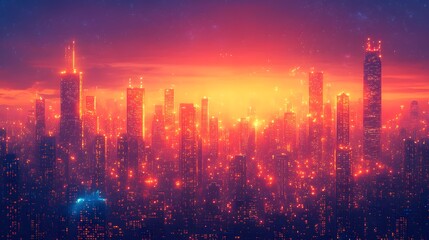 A vibrant city skyline at sunset, illuminated by glowing lights and a dreamy atmosphere.