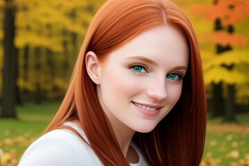 Obraz premium Portrait young woman redhead smile looking at camera with autumn background with trees.