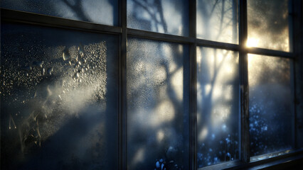 Frosted window with condensation and warm sunlight, winter shadows, copy space for text
