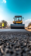 Asphalt road construction in progress with a road roller working.