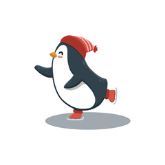  cute cartoon penguin is skating. Illustration in flat style for christmas card. Funny penguin with santa's hat. Vector