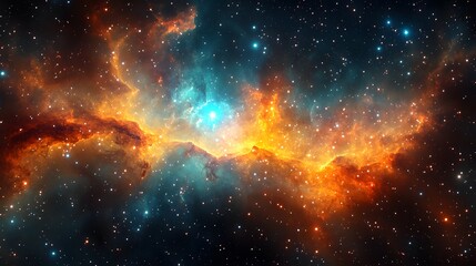 Naklejka premium A vibrant cosmic scene showcasing a colorful nebula with stars and interstellar gas.