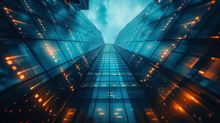 Digital financial growth represented by a blue graph overlaying a skyscraper during twilight