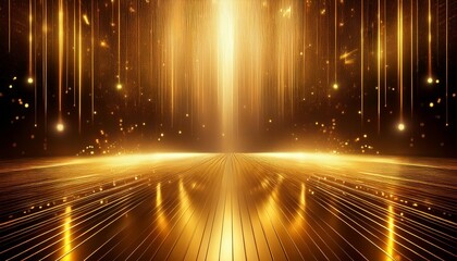 reflected glittering gold stage with spotlight beam for grand opening event