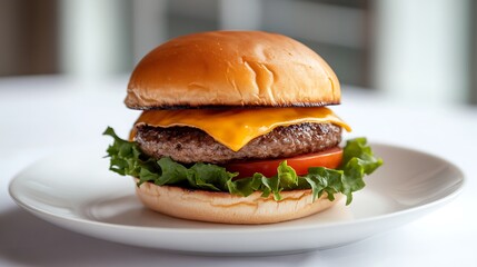 Minimalistic image of a gourmet cheeseburger with lettuce tomato and cheddar cheese perfectly stacked on a white plate emphasizing fast food lunch options and casual dining