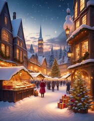 Versatile backgrounds such as snowy landscapes, festive cityscapes, cozy interiors with fireplaces, and bustling Christmas markets with out people