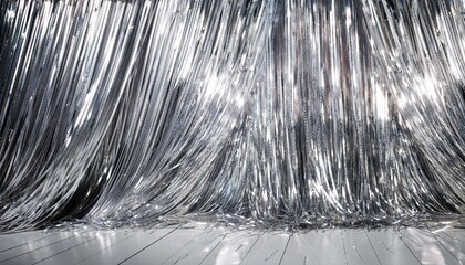 low angle shiny silver tinsel curtain festive background