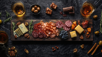 Gourmet Cheese and Salami Charcuterie Board with Whiskey and Blueberries