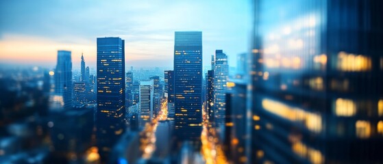 A bustling cityscape at twilight glows with vibrant lights and towering skyscrapers against a backdrop of dusk hues and an expansive horizon.