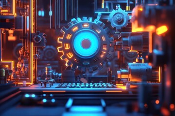 Futuristic industrial scene with a large gear in the center, lit by neon blue and orange lights.