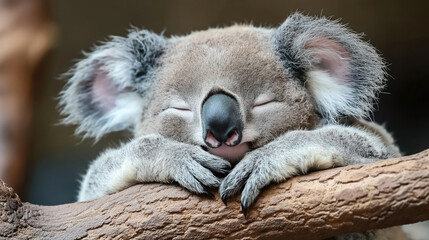 Close-up of a sleeping koala resting on a tree branch with its eyes closed and paws crossed. - Powered by Adobe