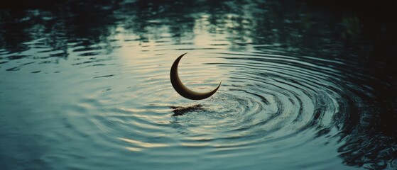 A crescent moon floats mysteriously in serene ripples of a reflective pond, merging dreams with reality.