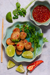 King Oyster Mushrooms with Chili, Lime and Cilantro .selective focus