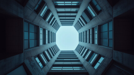 View from below of geometric architecture with symmetrical shapes and blue-toned lighting