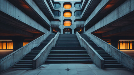 Obraz premium Symmetrical concrete architecture with modern staircases and glowing orange windows, captured at dusk