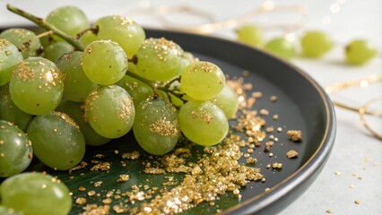 A festive presentation of fresh green grapes in a black dish, surrounded by golden ribbons and glittering decorations. A cheerful setup perfect for celebrations, parties, or holiday tables.