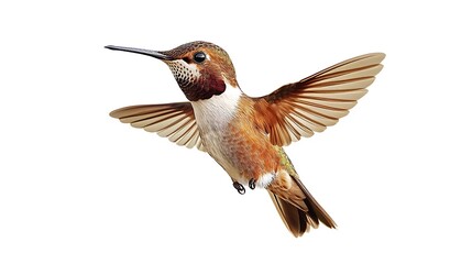 Fototapeta premium Male rufous hummingbird in flight captured on a white backdrop.