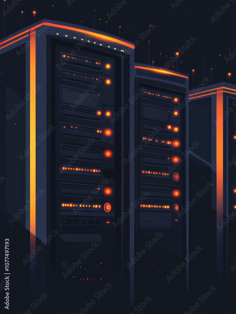 Poster Servers with brightly blinking indicators are actively running in a dimly lit data center, highlighting their functionality at night. Generative AI