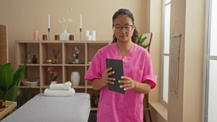 Woman wearing pink uniform in a spa center holding a tablet in a well-organized therapy room with shelves, candles, and towels, depicting a serene and professional wellness setting