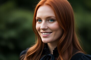 Fototapeta premium portrait young woman redhead smile looking at camera, park with tree on background