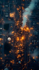 Fototapeta premium Aerial view of an industrial area with glowing lights and smoke, suggesting activity or fire.