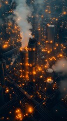 Fototapeta premium Aerial view of an industrial area with smokestacks and glowing lights at night.