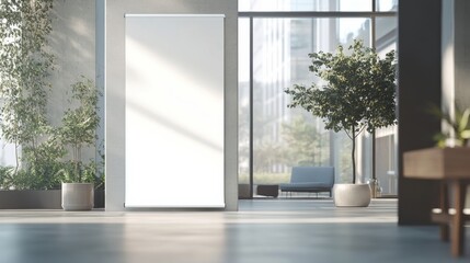 Modern interior of an office space with a blank white board and greenery during daylight hours
