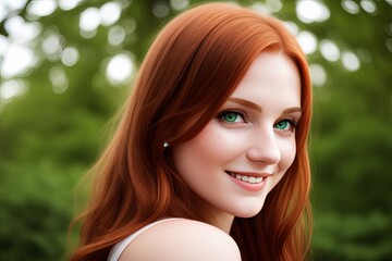 Naklejka premium portrait young woman redhead smile looking at camera, park with tree on background